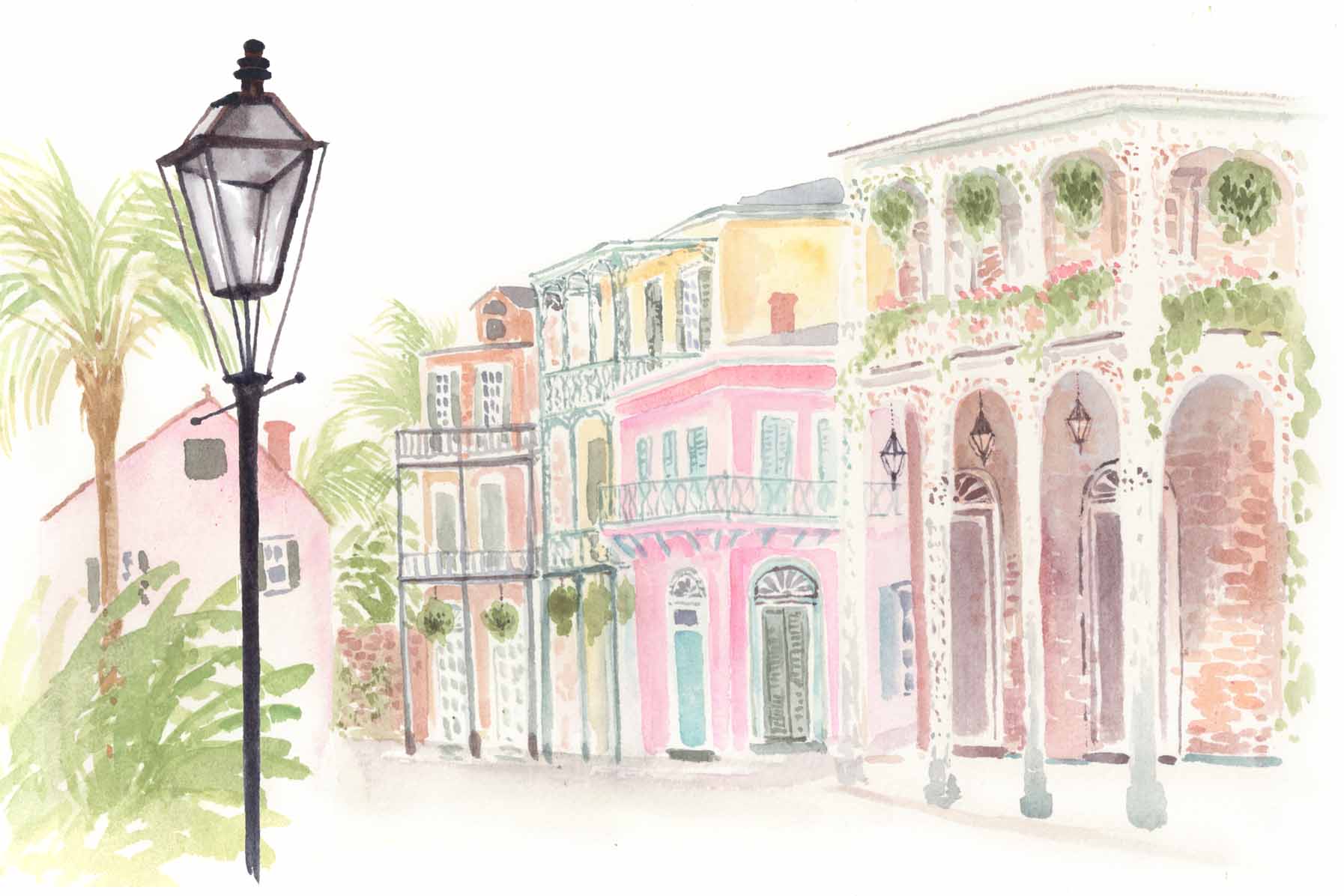 French Quarter New Orleans Drawings Watercolor Painting Of Colonial