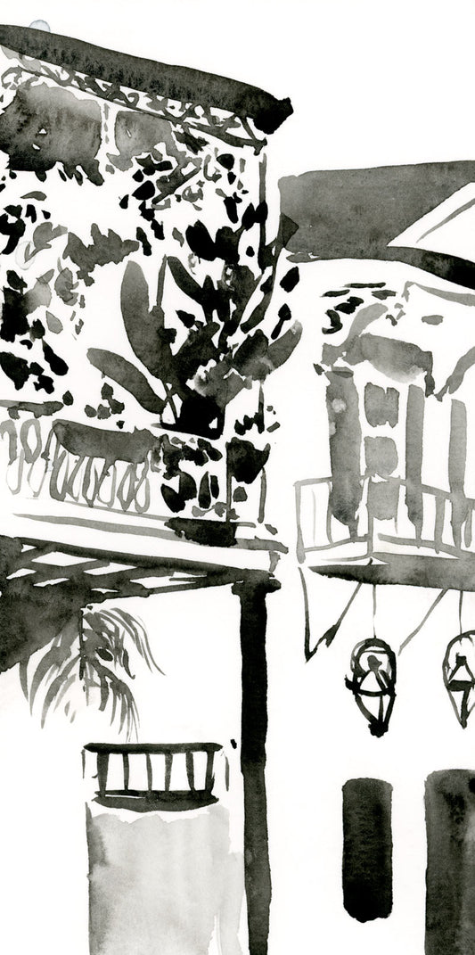 French Quarter Balcony black & white watercolor print